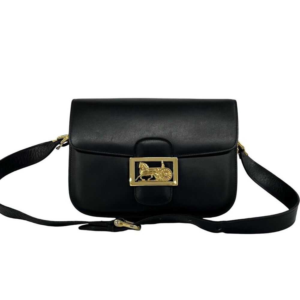 CELINE Vintage Logo Carriage Hardware Calf Leather Semi-One Shoulder Bag Poch...